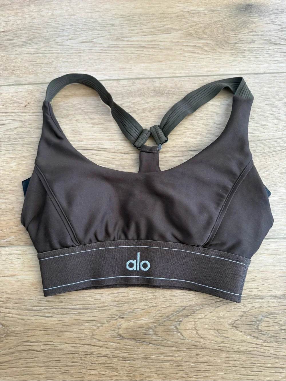 Alo Women's Brown Sports Bra with Light Blue Logo
